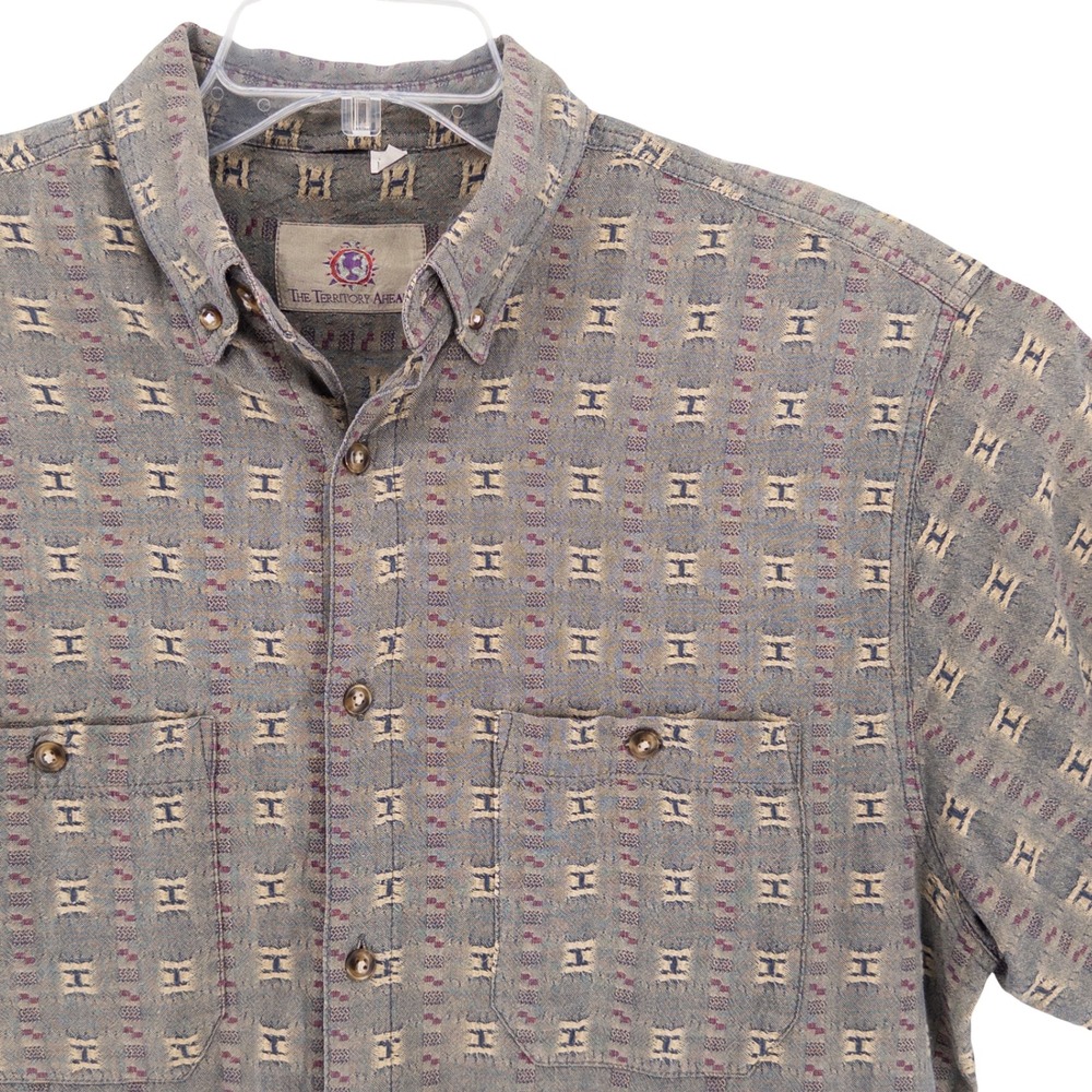 Vintage The Territory Ahead Mens L Tall Button Down Shirt Blue Jacquard Textured